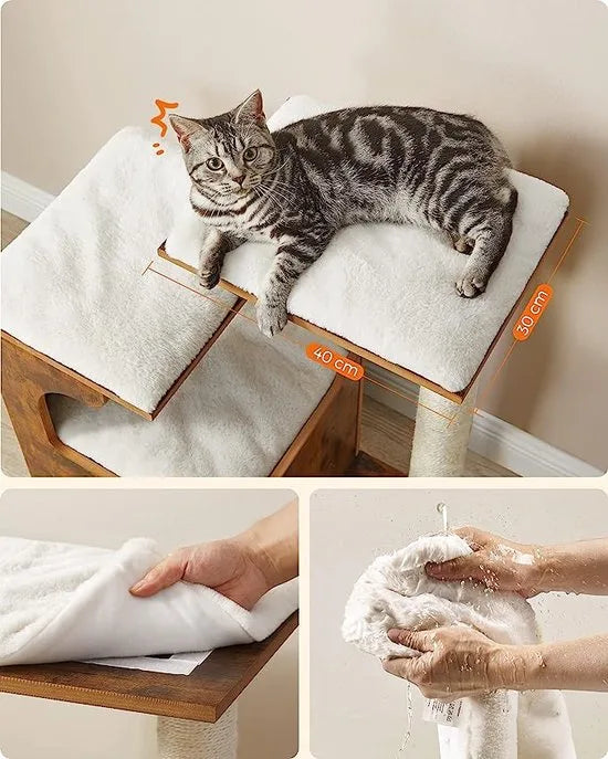 FurnStar - Krabpaal - Middelgrote kattenkrabpaal met 3 ligvlakken en grot - Krabpaal van MDF met houtfineer - Sisalstam - Wasbare pluche kussens - 66x42x88 cm - Bruin