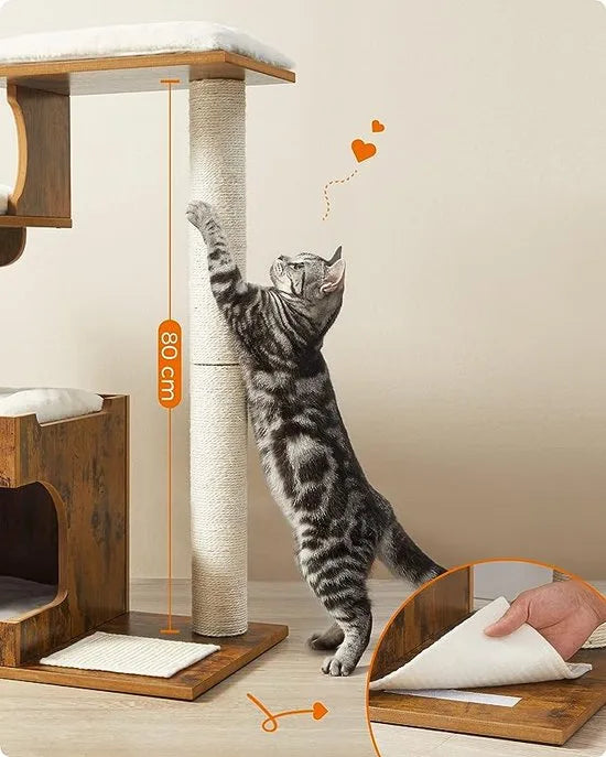 FurnStar - Krabpaal - Middelgrote kattenkrabpaal met 3 ligvlakken en grot - Krabpaal van MDF met houtfineer - Sisalstam - Wasbare pluche kussens - 66x42x88 cm - Bruin