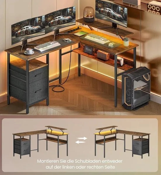 FurnStar - L-vormig bureau met stopcontacten - hoekbureau - computertafel - monitorstandaard - gamingtafel - ledverlichting - USB-aansluitingen - 150 x 120 x 76 cm - thuiskantoor - vintage bruin
