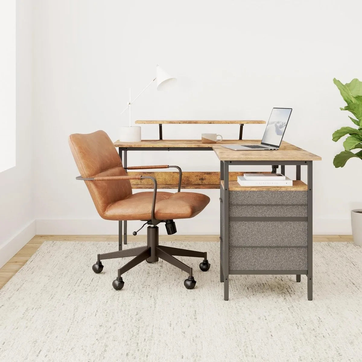 FurnStar - L-vormig bureau met stopcontacten - hoekbureau - computertafel - monitorstandaard - gamingtafel - ledverlichting - USB-aansluitingen - 150 x 120 x 76 cm - thuiskantoor - vintage bruin