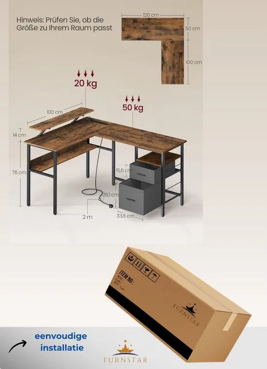 FurnStar - L-vormig bureau met stopcontacten - hoekbureau - computertafel - monitorstandaard - gamingtafel - ledverlichting - USB-aansluitingen - 150 x 120 x 76 cm - thuiskantoor - vintage bruin