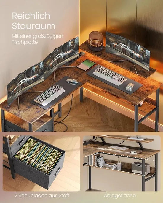 FurnStar - L-vormig bureau met stopcontacten - hoekbureau - computertafel - monitorstandaard - gamingtafel - ledverlichting - USB-aansluitingen - 150 x 120 x 76 cm - thuiskantoor - vintage bruin