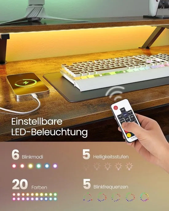FurnStar - L-vormig bureau met stopcontacten - hoekbureau - computertafel - monitorstandaard - gamingtafel - ledverlichting - USB-aansluitingen - 150 x 120 x 76 cm - thuiskantoor - vintage bruin