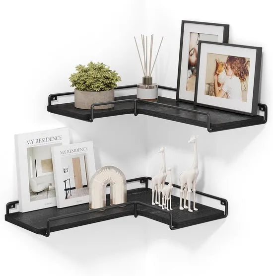 Furnstar - L-vormig hoekrek - Set van 2 - Wandrek - Industrieel design - Voor woonkamer slaapkamer keuken - Zwart