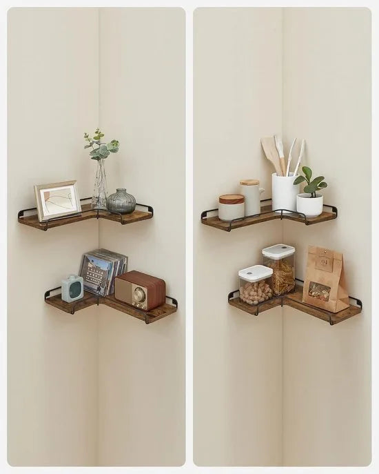 Furnstar - L-vormig hoekrek - Set van 2 - Wandrek - Industrieel design - Voor woonkamer slaapkamer keuken - Vintage bruin zwart
