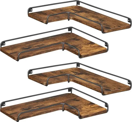 Furnstar L-vormig Hoekrek, Set van 4, Wandrek, Industrieel Design, voor Woonkamer, Slaapkamer, Keuken, Vintage Bruin-Zwart LLS832B01