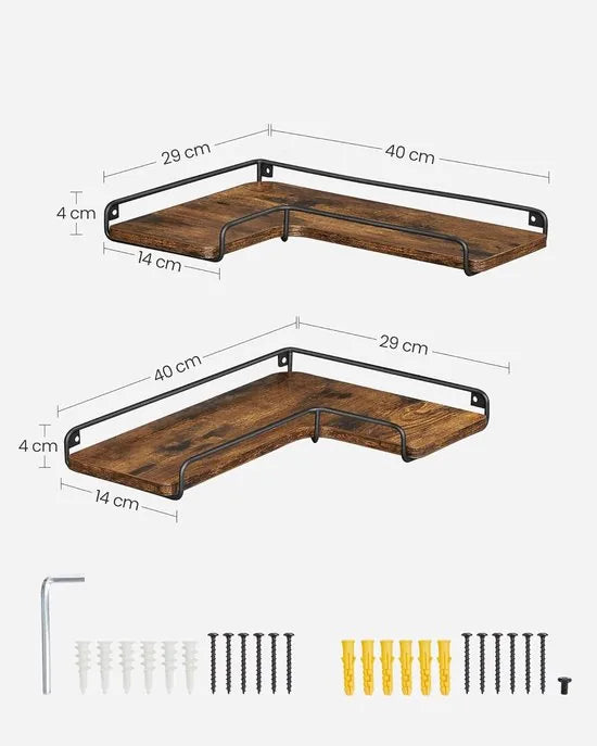 Furnstar L-vormig Hoekrek, Set van 4, Wandrek, Industrieel Design, voor Woonkamer, Slaapkamer, Keuken, Vintage Bruin-Zwart LLS832B01