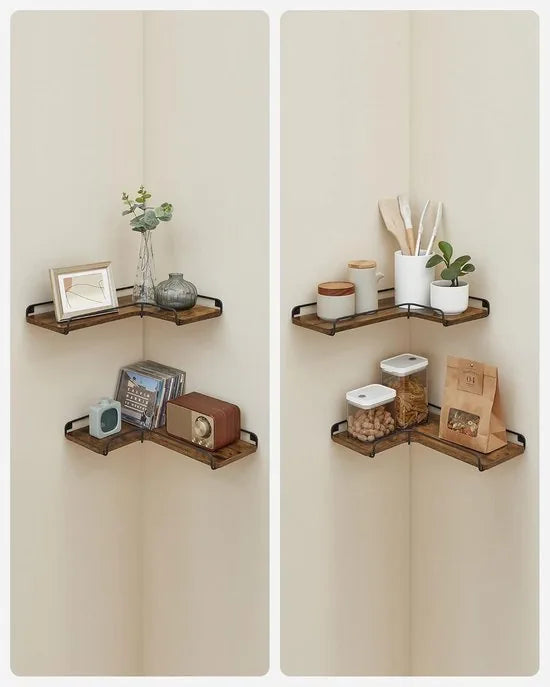 Furnstar L-vormig Hoekrek, Set van 4, Wandrek, Industrieel Design, voor Woonkamer, Slaapkamer, Keuken, Vintage Bruin-Zwart LLS832B01
