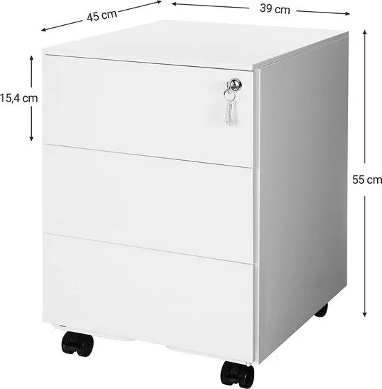 FurnStar - Ladeblok - Afsluitbare Lade - Metaal - 3 Lades - 45 x 39 x 55 cm - Wit