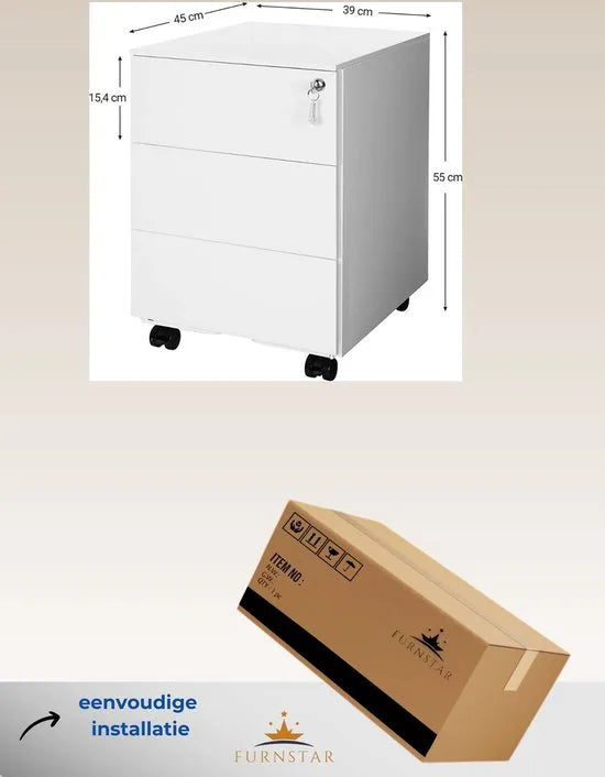FurnStar - Ladeblok - Afsluitbare Lade - Metaal - 3 Lades - 45 x 39 x 55 cm - Wit