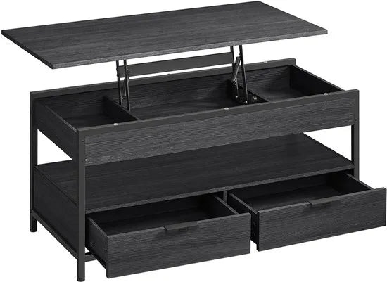 Furnstar Lift-Top Salontafel – In Hoogte Verstelbaar 48–63 cm – Met 2 Lades, Verborgen Opbergruimte & Open Vak – Industriële Stijl – Antraciet/Zwart
