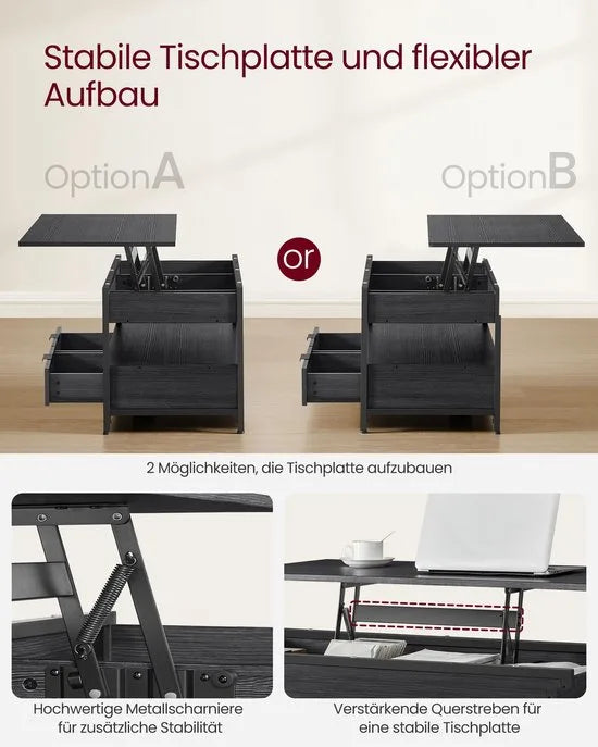 Furnstar Lift-Top Salontafel – In Hoogte Verstelbaar 48–63 cm – Met 2 Lades, Verborgen Opbergruimte & Open Vak – Industriële Stijl – Antraciet/Zwart