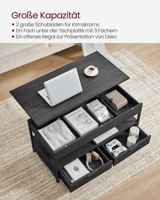 Furnstar Lift-Top Salontafel – In Hoogte Verstelbaar 48–63 cm – Met 2 Lades, Verborgen Opbergruimte & Open Vak – Industriële Stijl – Antraciet/Zwart