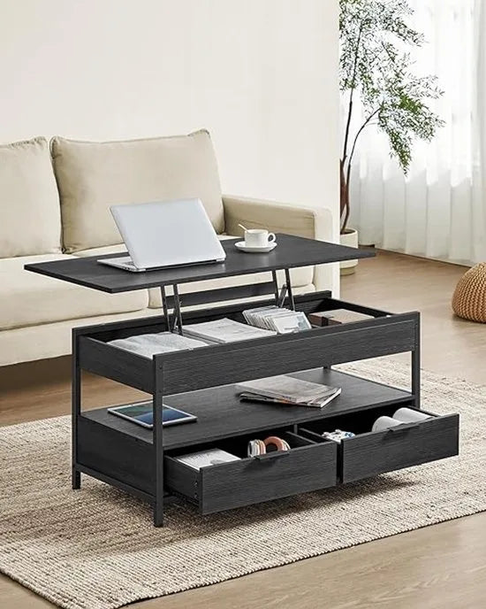 Furnstar Lift-Top Salontafel – In Hoogte Verstelbaar 48–63 cm – Met 2 Lades, Verborgen Opbergruimte & Open Vak – Industriële Stijl – Antraciet/Zwart