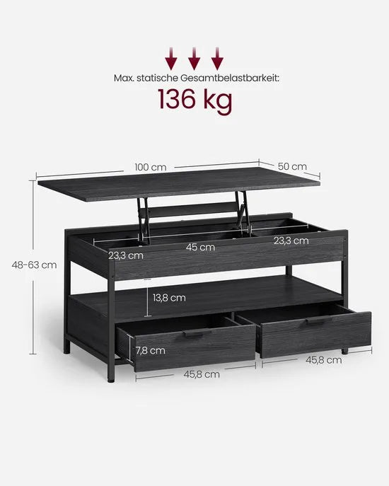 Furnstar Lift-Top Salontafel – In Hoogte Verstelbaar 48–63 cm – Met 2 Lades, Verborgen Opbergruimte & Open Vak – Industriële Stijl – Antraciet/Zwart