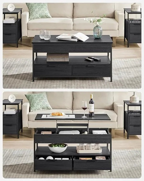 Furnstar Lift-Top Salontafel – In Hoogte Verstelbaar 48–63 cm – Met 2 Lades, Verborgen Opbergruimte & Open Vak – Industriële Stijl – Antraciet/Zwart