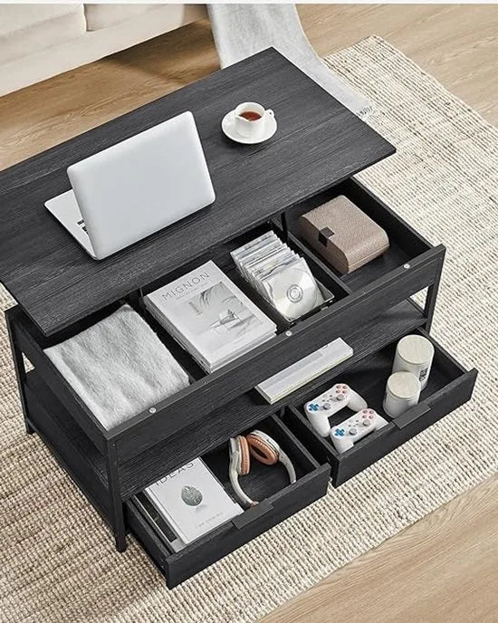 Furnstar Lift-Top Salontafel – In Hoogte Verstelbaar 48–63 cm – Met 2 Lades, Verborgen Opbergruimte & Open Vak – Industriële Stijl – Antraciet/Zwart
