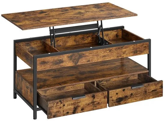 Furnstar Lift-Top Salontafel – In Hoogte Verstelbaar 48–63 cm – Met 2 Lades, Verborgen Opbergruimte & Open Vak – Industriële Stijl – Antraciet/Zwart – Rustiek bruin/zwart