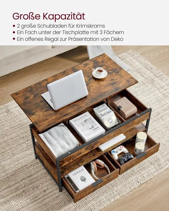 Furnstar Lift-Top Salontafel met Lades en Opbergvakken – Verstelbaar Blad – Industrieel – Rustiek Bruin/Zwart