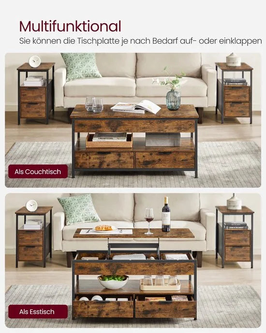Furnstar Lift-Top Salontafel met Lades en Opbergvakken – Verstelbaar Blad – Industrieel – Rustiek Bruin/Zwart