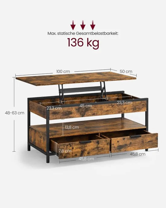 Furnstar Lift-Top Salontafel met Lades en Opbergvakken – Verstelbaar Blad – Industrieel – Rustiek Bruin/Zwart