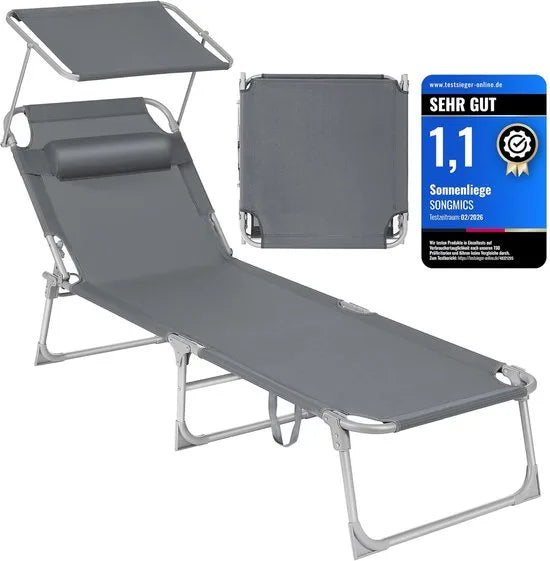 FurnStar - Ligstoel - Hoofdsteun, Zonnedak, Verstelbare Rugleuning, Opvouwbaar - 53 x 193 x 29,5 cm - Draagvermogen tot 150 kg - Voor Tuin, Balkon – Donker grijs