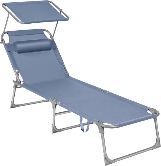 FurnStar - Ligstoel - Hoofdsteun, Zonnedak, Verstelbare Rugleuning, Opvouwbaar - 53 x 193 x 29,5 cm - Draagvermogen tot 150 kg - Voor Tuin, Balkon – Donker grijs – Blauw