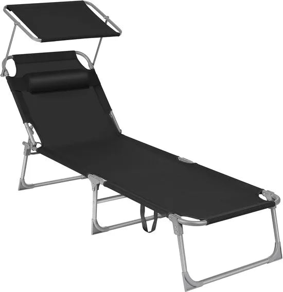 FurnStar - Ligstoel - Hoofdsteun, Zonnedak, Verstelbare Rugleuning, Opvouwbaar - 53 x 193 x 29,5 cm - Draagvermogen tot 150 kg - Voor Tuin, Balkon – Zwart