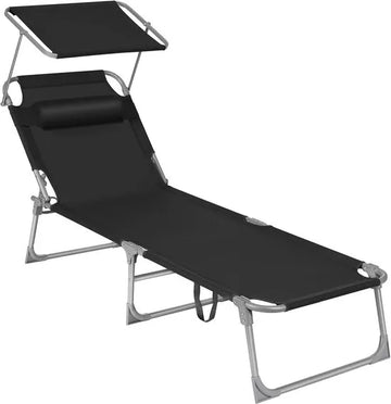 FurnStar - Ligstoel - Hoofdsteun, Zonnedak, Verstelbare Rugleuning, Opvouwbaar - 53 x 193 x 29,5 cm - Draagvermogen tot 150 kg - Voor Tuin, Balkon – Zwart