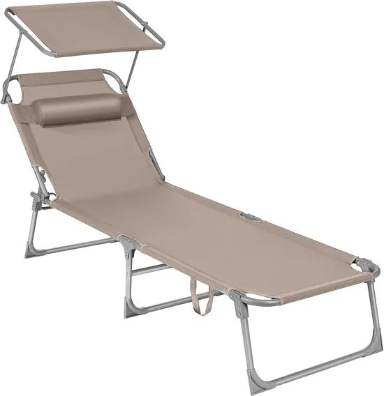 FurnStar - Ligstoel - Hoofdsteun, Zonnedak, Verstelbare Rugleuning, Opvouwbaar - 53 x 193 x 29,5 cm - Draagvermogen tot 150 kg - Voor Tuin, Balkon – Taupe