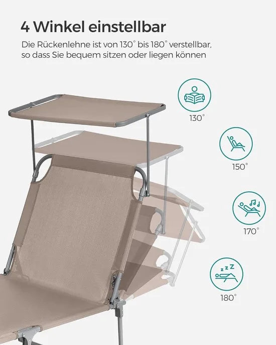FurnStar - Ligstoel - Hoofdsteun, Zonnedak, Verstelbare Rugleuning, Opvouwbaar - 53 x 193 x 29,5 cm - Draagvermogen tot 150 kg - Voor Tuin, Balkon – Donker grijs – Taupe