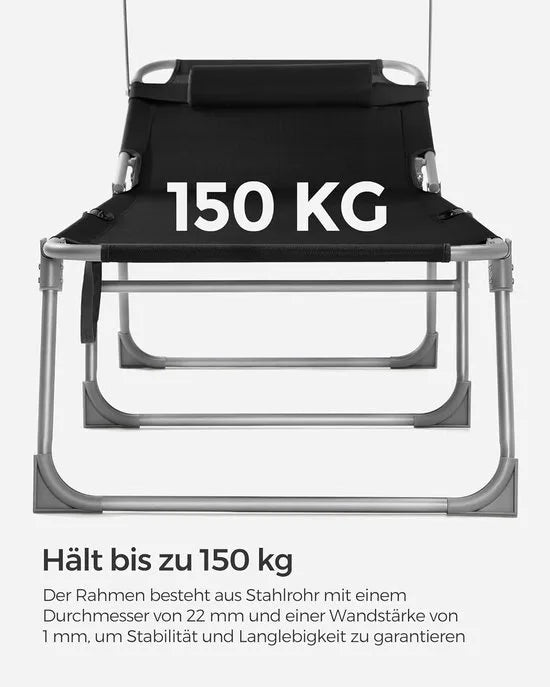 FurnStar - Ligstoel - Hoofdsteun, Zonnedak, Verstelbare Rugleuning, Opvouwbaar - 53 x 193 x 29,5 cm - Draagvermogen tot 150 kg - Voor Tuin, Balkon – Zwart
