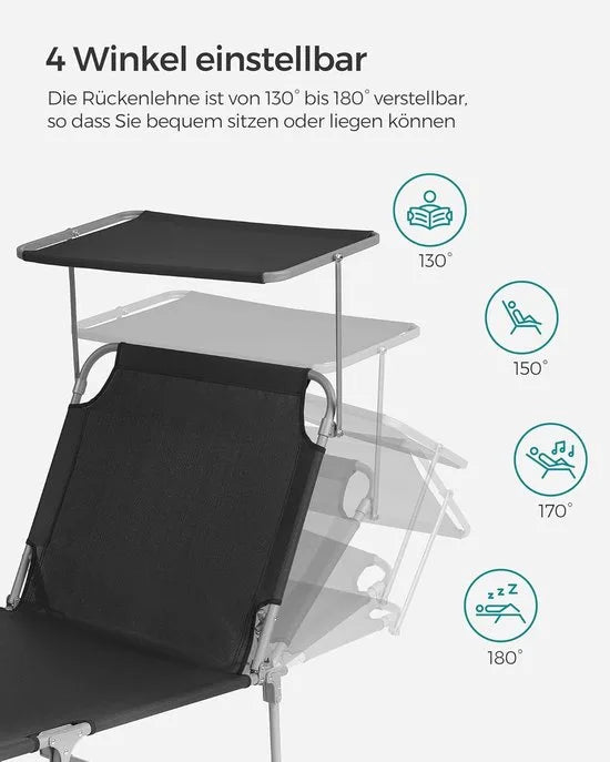 FurnStar - Ligstoel - Hoofdsteun, Zonnedak, Verstelbare Rugleuning, Opvouwbaar - 53 x 193 x 29,5 cm - Draagvermogen tot 150 kg - Voor Tuin, Balkon – Zwart