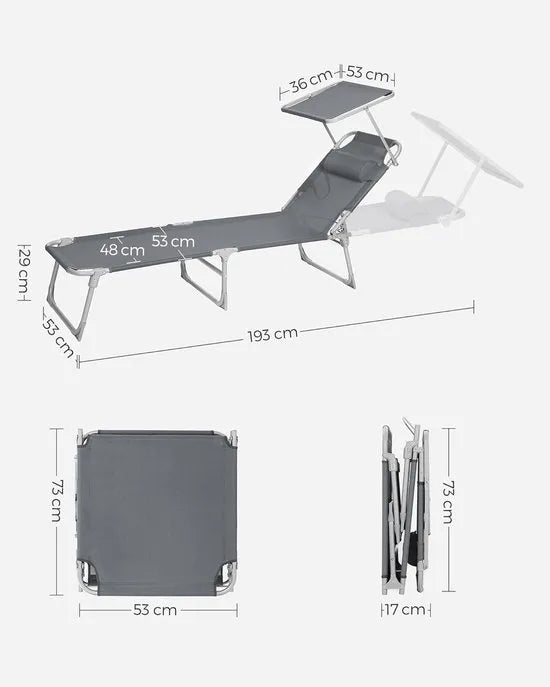 FurnStar - Ligstoel - Hoofdsteun, Zonnedak, Verstelbare Rugleuning, Opvouwbaar - 53 x 193 x 29,5 cm - Draagvermogen tot 150 kg - Voor Tuin, Balkon – Donker grijs