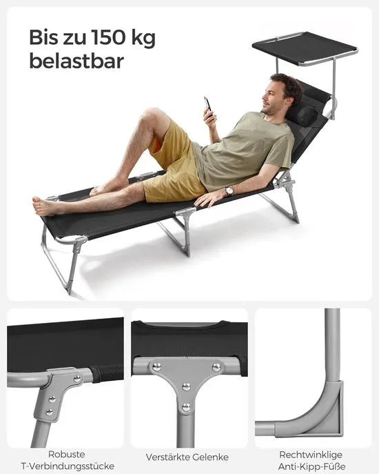 FurnStar - Ligstoel - Hoofdsteun, Zonnedak, Verstelbare Rugleuning, Opvouwbaar - 53 x 193 x 29,5 cm - Draagvermogen tot 150 kg - Voor Tuin, Balkon – Zwart