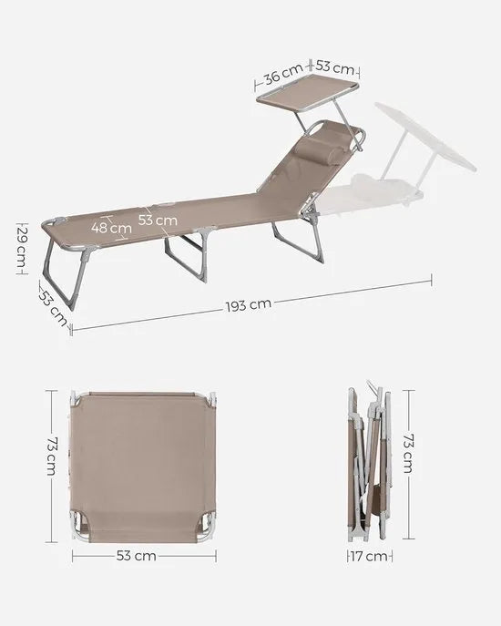 FurnStar - Ligstoel - Hoofdsteun, Zonnedak, Verstelbare Rugleuning, Opvouwbaar - 53 x 193 x 29,5 cm - Draagvermogen tot 150 kg - Voor Tuin, Balkon – Taupe