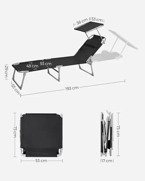 FurnStar - Ligstoel - Hoofdsteun, Zonnedak, Verstelbare Rugleuning, Opvouwbaar - 53 x 193 x 29,5 cm - Draagvermogen tot 150 kg - Voor Tuin, Balkon – Zwart