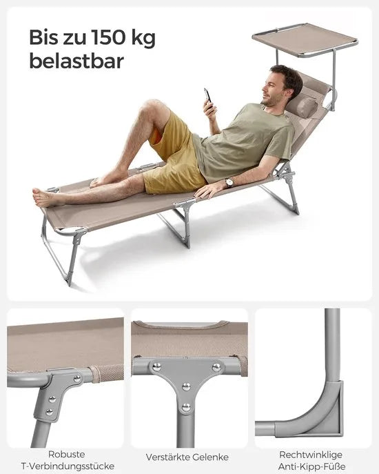 FurnStar - Ligstoel - Hoofdsteun, Zonnedak, Verstelbare Rugleuning, Opvouwbaar - 53 x 193 x 29,5 cm - Draagvermogen tot 150 kg - Voor Tuin, Balkon – Donker grijs – Taupe
