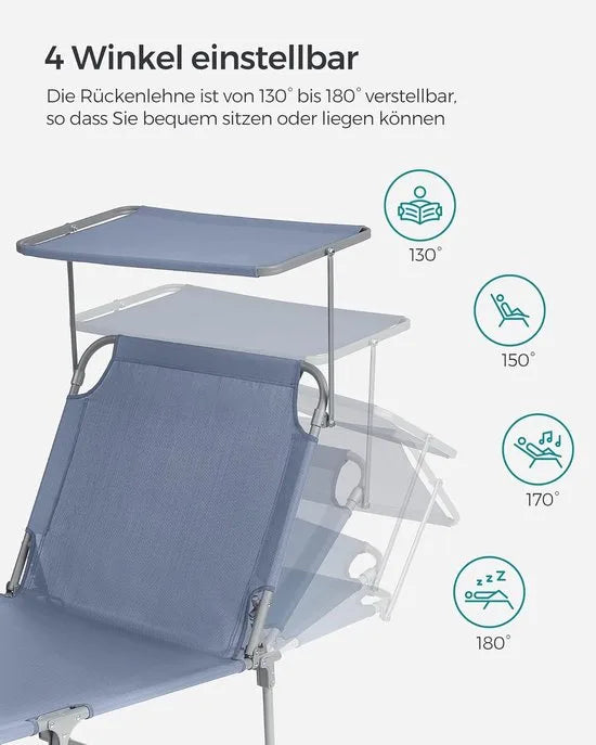 FurnStar - Ligstoel - Hoofdsteun, Zonnedak, Verstelbare Rugleuning, Opvouwbaar - 53 x 193 x 29,5 cm - Draagvermogen tot 150 kg - Voor Tuin, Balkon – Donker grijs – Blauw