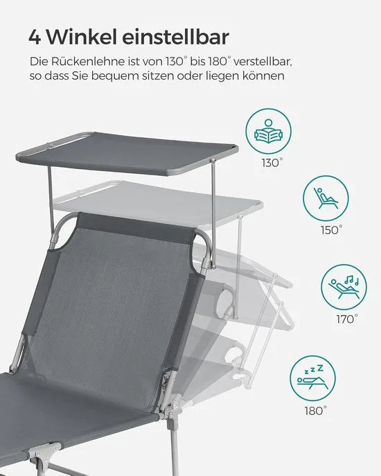 FurnStar - Ligstoel - Hoofdsteun, Zonnedak, Verstelbare Rugleuning, Opvouwbaar - 53 x 193 x 29,5 cm - Draagvermogen tot 150 kg - Voor Tuin, Balkon – Donker grijs