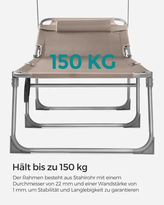 FurnStar - Ligstoel - Hoofdsteun, Zonnedak, Verstelbare Rugleuning, Opvouwbaar - 53 x 193 x 29,5 cm - Draagvermogen tot 150 kg - Voor Tuin, Balkon – Taupe