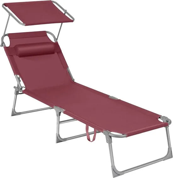 FurnStar - Ligstoel - Inklapbare Ligstoel - 193 x 53 x 29 cm - Draagvermogen tot 150 kg - Kussen, Zonwering, Hoofdkussen, Verstelbare Rugleuning - Voor Tuin, Zwembad, Terras - Rood