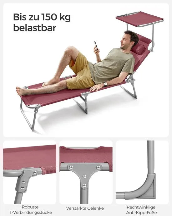 FurnStar - Ligstoel - Inklapbare Ligstoel - 193 x 53 x 29 cm - Draagvermogen tot 150 kg - Kussen, Zonwering, Hoofdkussen, Verstelbare Rugleuning - Voor Tuin, Zwembad, Terras - Rood