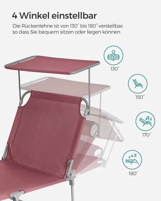 FurnStar - Ligstoel - Inklapbare Ligstoel - 193 x 53 x 29 cm - Draagvermogen tot 150 kg - Kussen, Zonwering, Hoofdkussen, Verstelbare Rugleuning - Voor Tuin, Zwembad, Terras - Rood