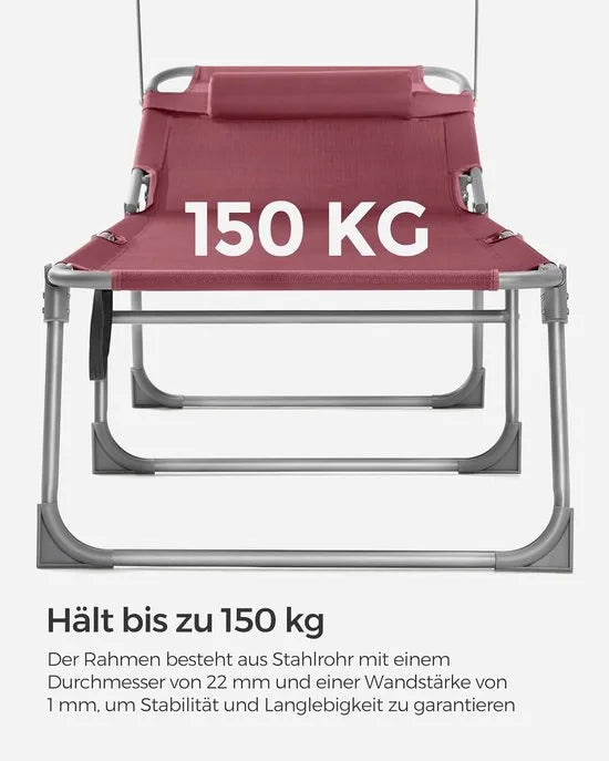 FurnStar - Ligstoel - Inklapbare Ligstoel - 193 x 53 x 29 cm - Draagvermogen tot 150 kg - Kussen, Zonwering, Hoofdkussen, Verstelbare Rugleuning - Voor Tuin, Zwembad, Terras - Rood