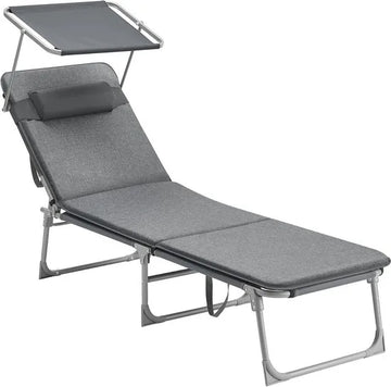 FurnStar - Ligstoel - Ligstoel met 3 cm Dikke Steun - Hoofdsteun, Zonnedak, Verstelbare Rugleuning, Opvouwbaar - 53 x 193 x 29,5 cm - Draagvermogen tot 150 kg - Voor Tuin, Balkon - Donkergrijs
