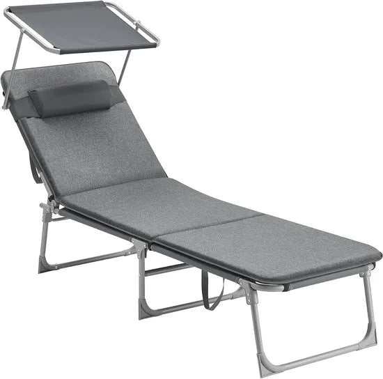 FurnStar - Ligstoel - Ligstoel met 3 cm Dikke Steun - Hoofdsteun, Zonnedak, Verstelbare Rugleuning, Opvouwbaar - 53 x 193 x 29,5 cm - Draagvermogen tot 150 kg - Voor Tuin, Balkon - Donkergrijs