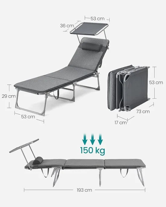 FurnStar - Ligstoel - Ligstoel met 3 cm Dikke Steun - Hoofdsteun, Zonnedak, Verstelbare Rugleuning, Opvouwbaar - 53 x 193 x 29,5 cm - Draagvermogen tot 150 kg - Voor Tuin, Balkon - Donkergrijs