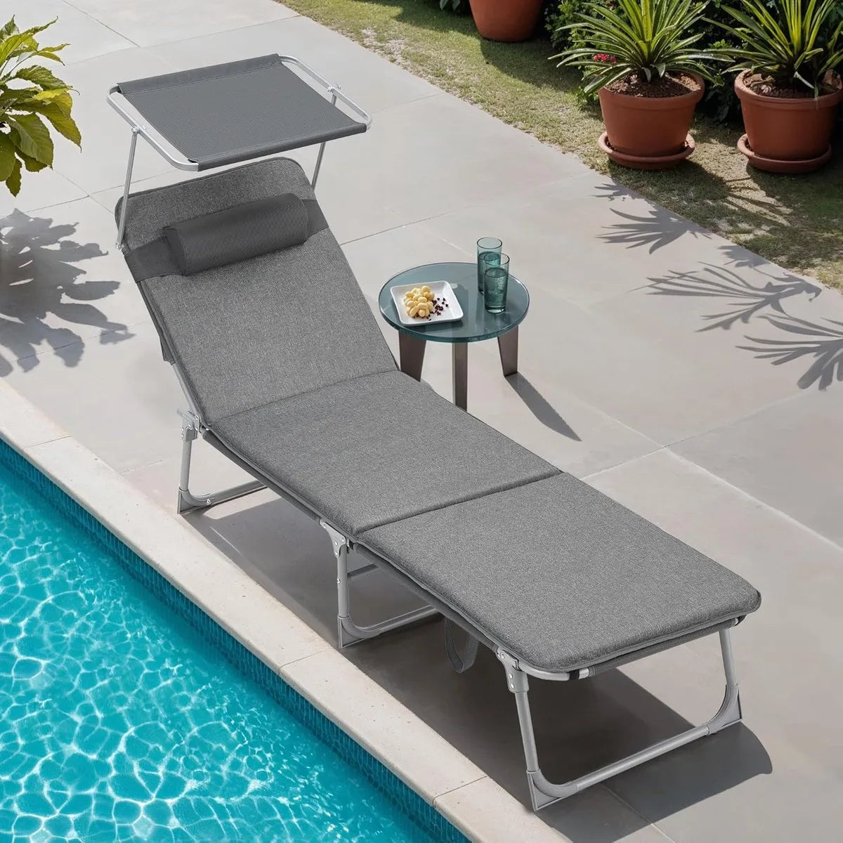 FurnStar - Ligstoel - Ligstoel met 3 cm Dikke Steun - Hoofdsteun, Zonnedak, Verstelbare Rugleuning, Opvouwbaar - 53 x 193 x 29,5 cm - Draagvermogen tot 150 kg - Voor Tuin, Balkon - Donkergrijs