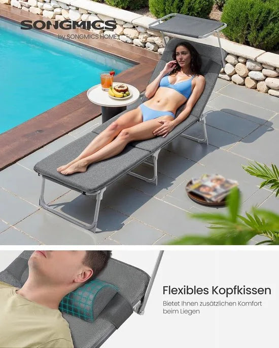 FurnStar - Ligstoel - Ligstoel met 3 cm Dikke Steun - Hoofdsteun, Zonnedak, Verstelbare Rugleuning, Opvouwbaar - 53 x 193 x 29,5 cm - Draagvermogen tot 150 kg - Voor Tuin, Balkon - Donkergrijs